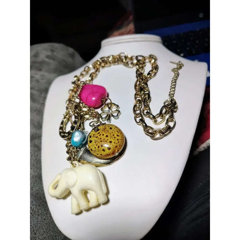 VCLM Gold Tone Charm Necklace Elephant Clover Horseshoe Boho Statement